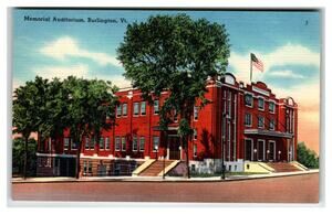Burlington VT Memorial Auditorium Tichnor Linen Postcard Vintage